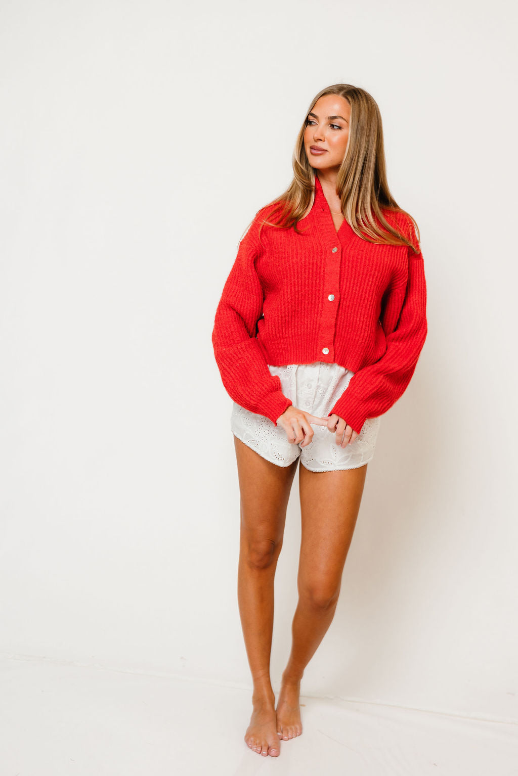 Mila Balloon Sleeve Cardigan in Red, styled view