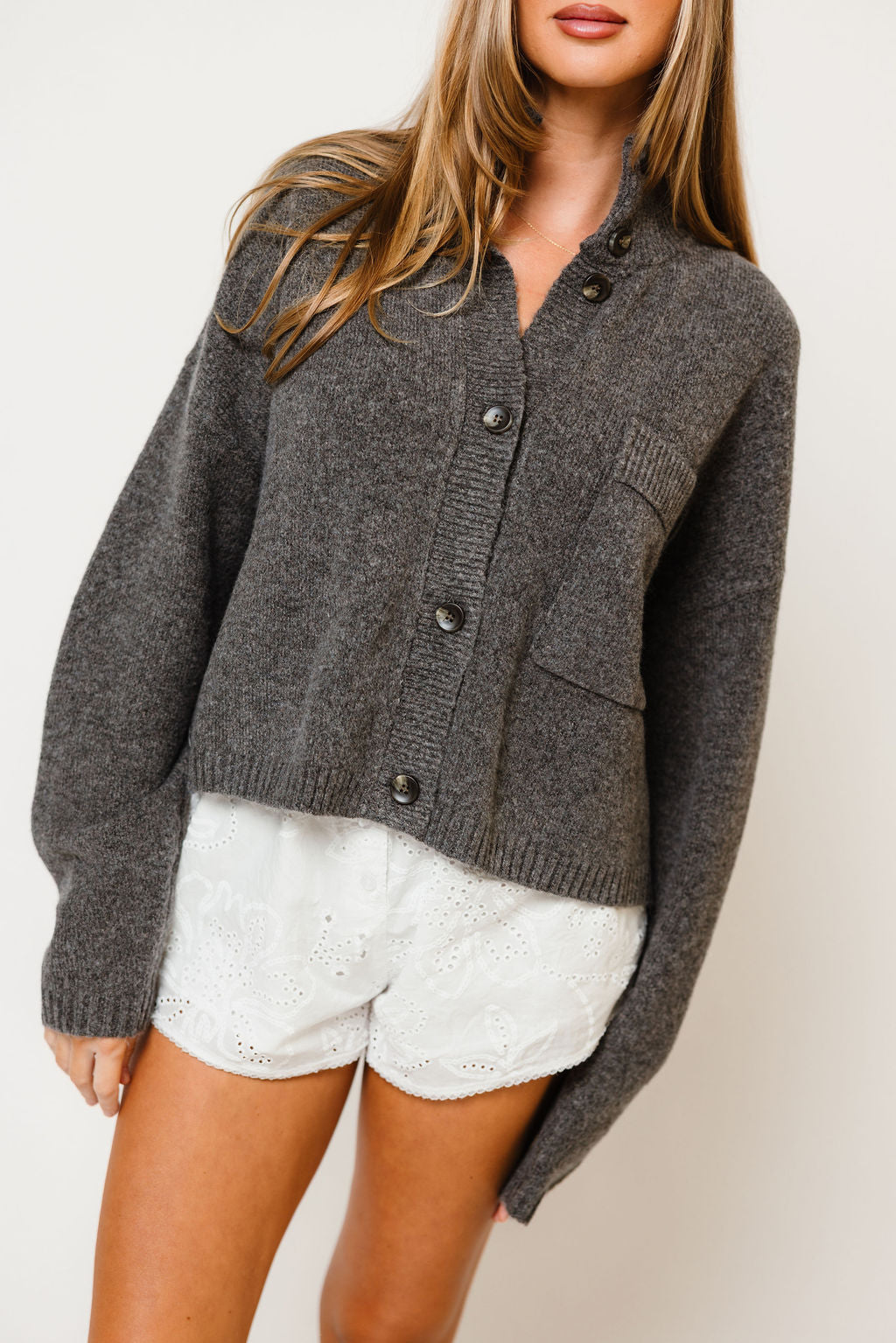 Winslow Funnel Neck Crop Cardigan in Warm Grey, close view