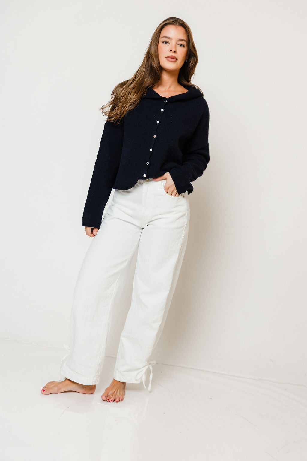 Piper Sailor Collar Knit Cardigan in Midnight, another angle
