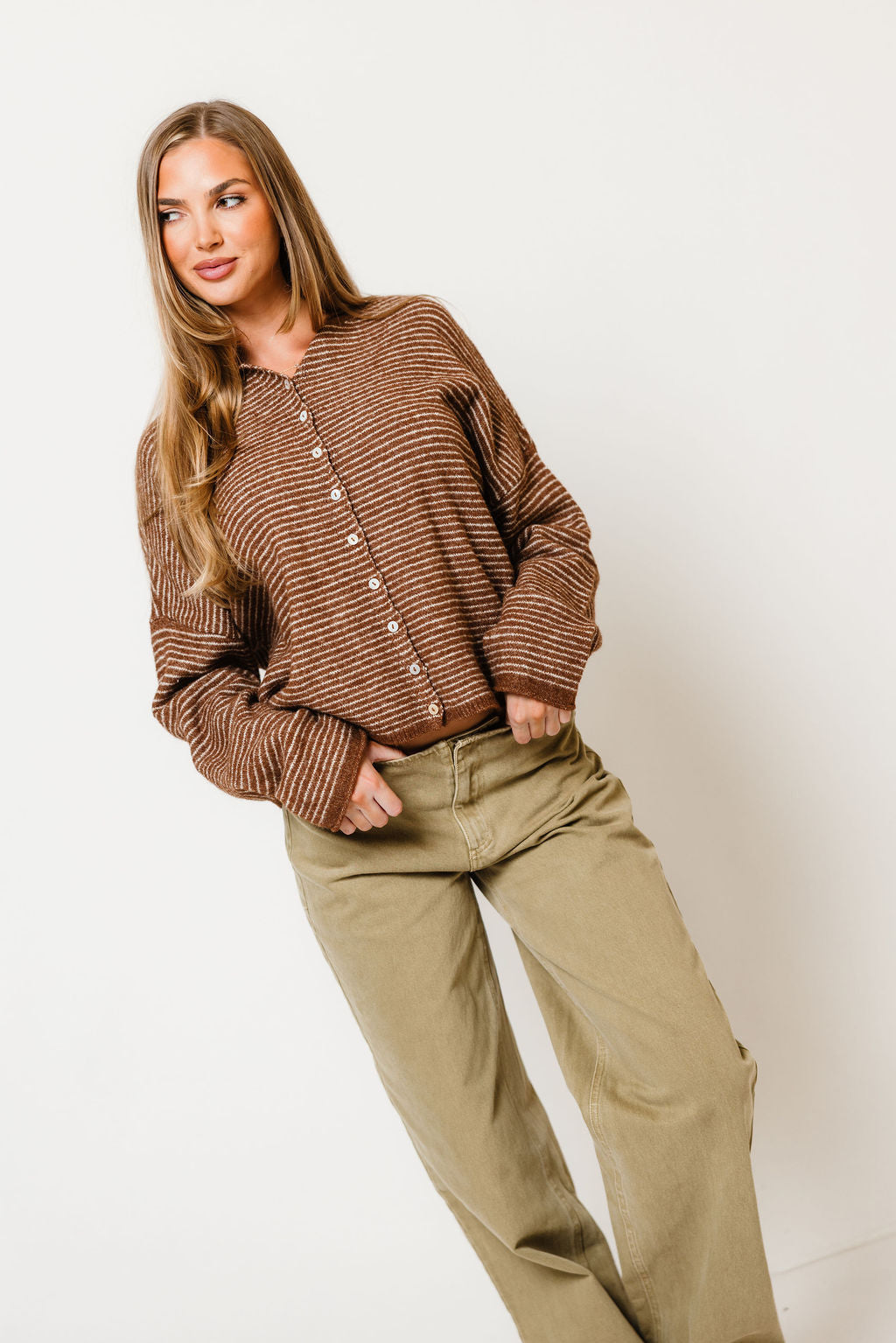 Piper Pin Striped Cardigan in Brown, full length