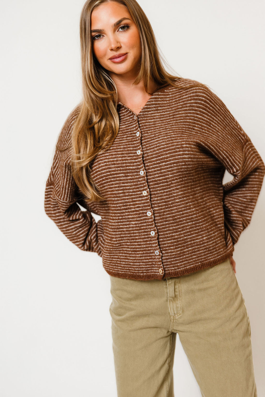 Piper Pin Striped Cardigan in Brown, styled view