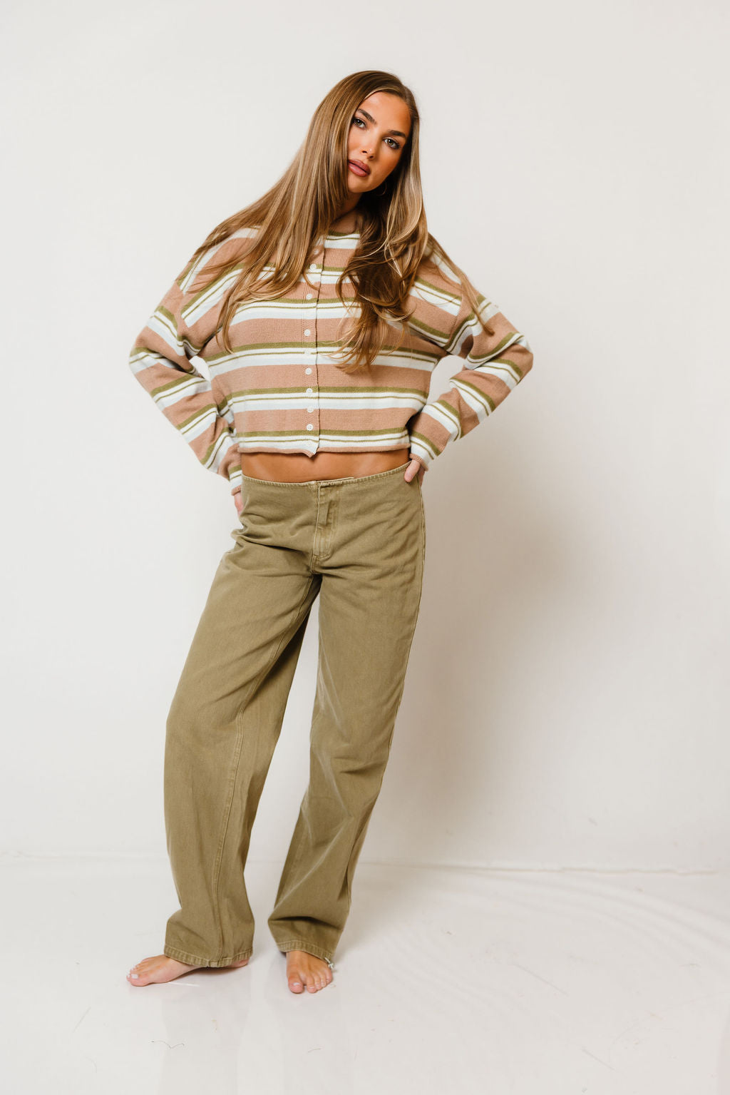 Rosemary Striped Funnel Neck Cardigan in Tan Multi, another angle