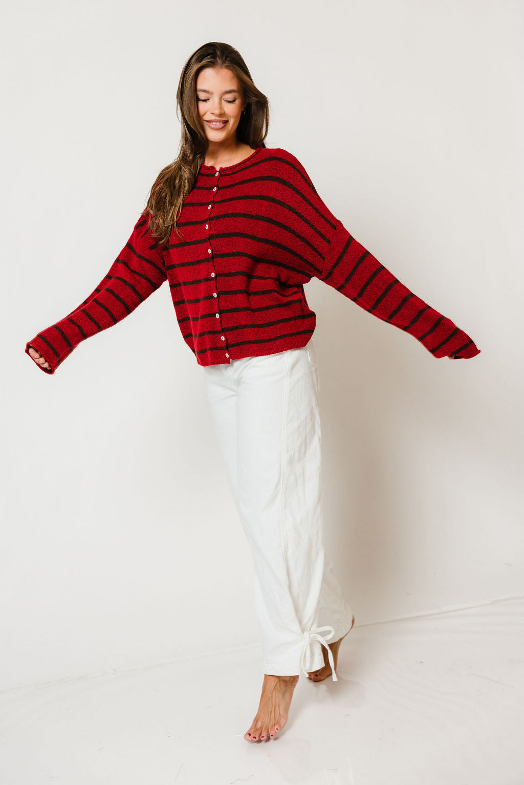 Piper Cabana Striped Cardigan in Red/Brown, back view
