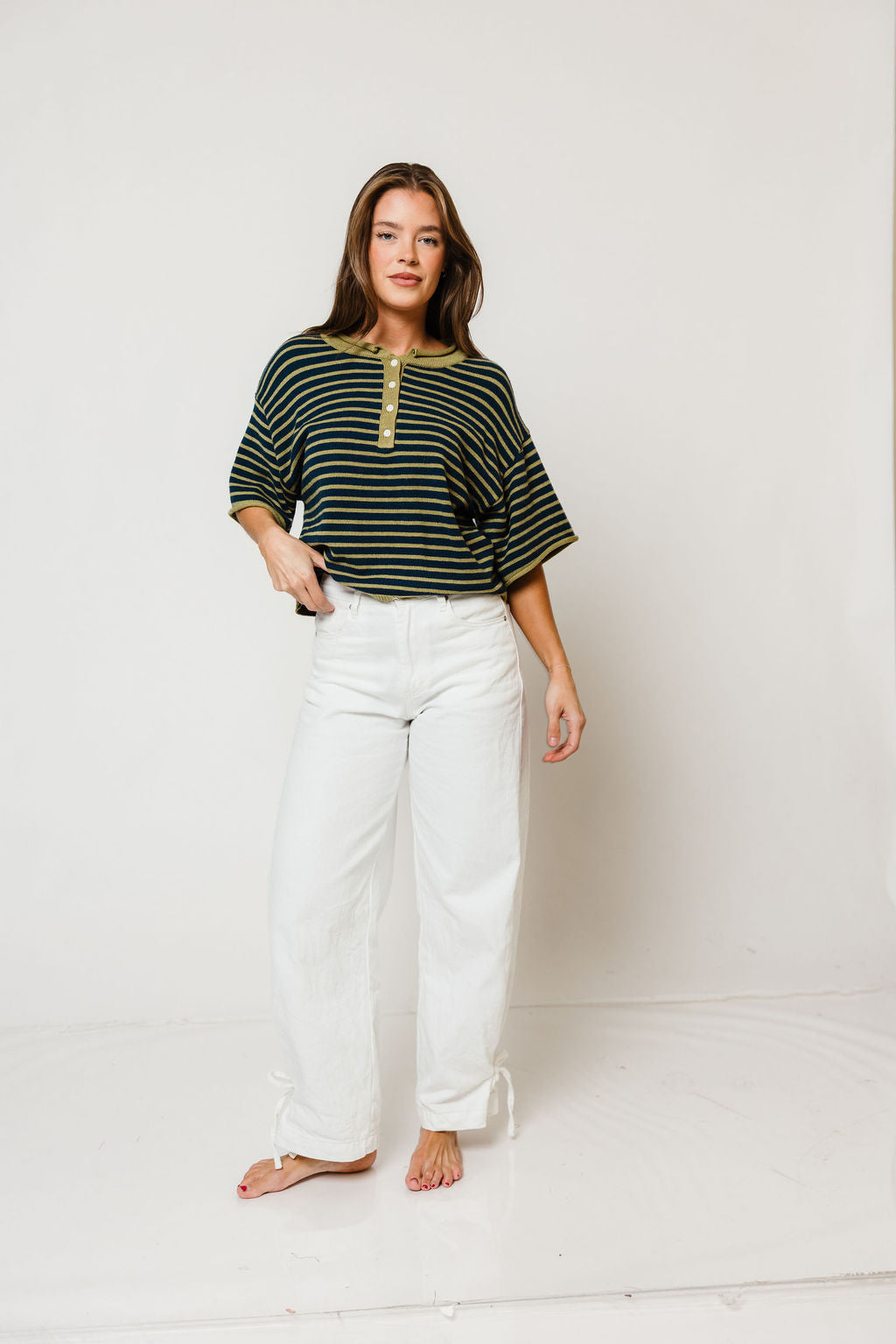 Jagger Striped Short Sleeve Sweater in Navy/Matcha, another angle