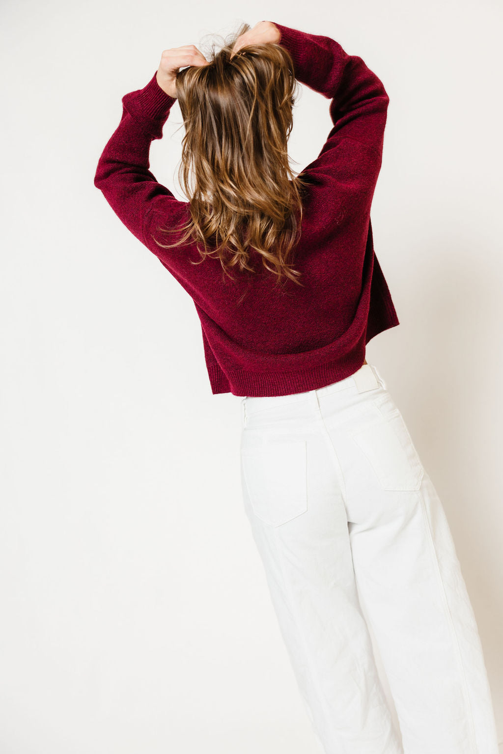 Alyssa Cardigan in Burgundy, studio view