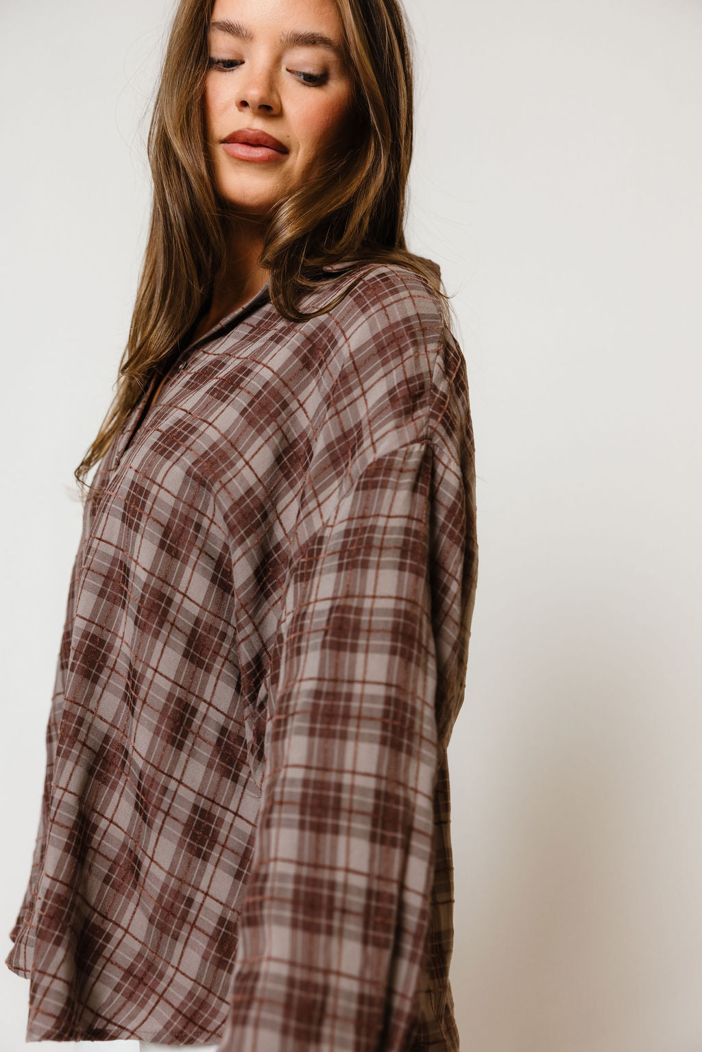 Cathy Oversized Plaid Shirt in Brown, styled view