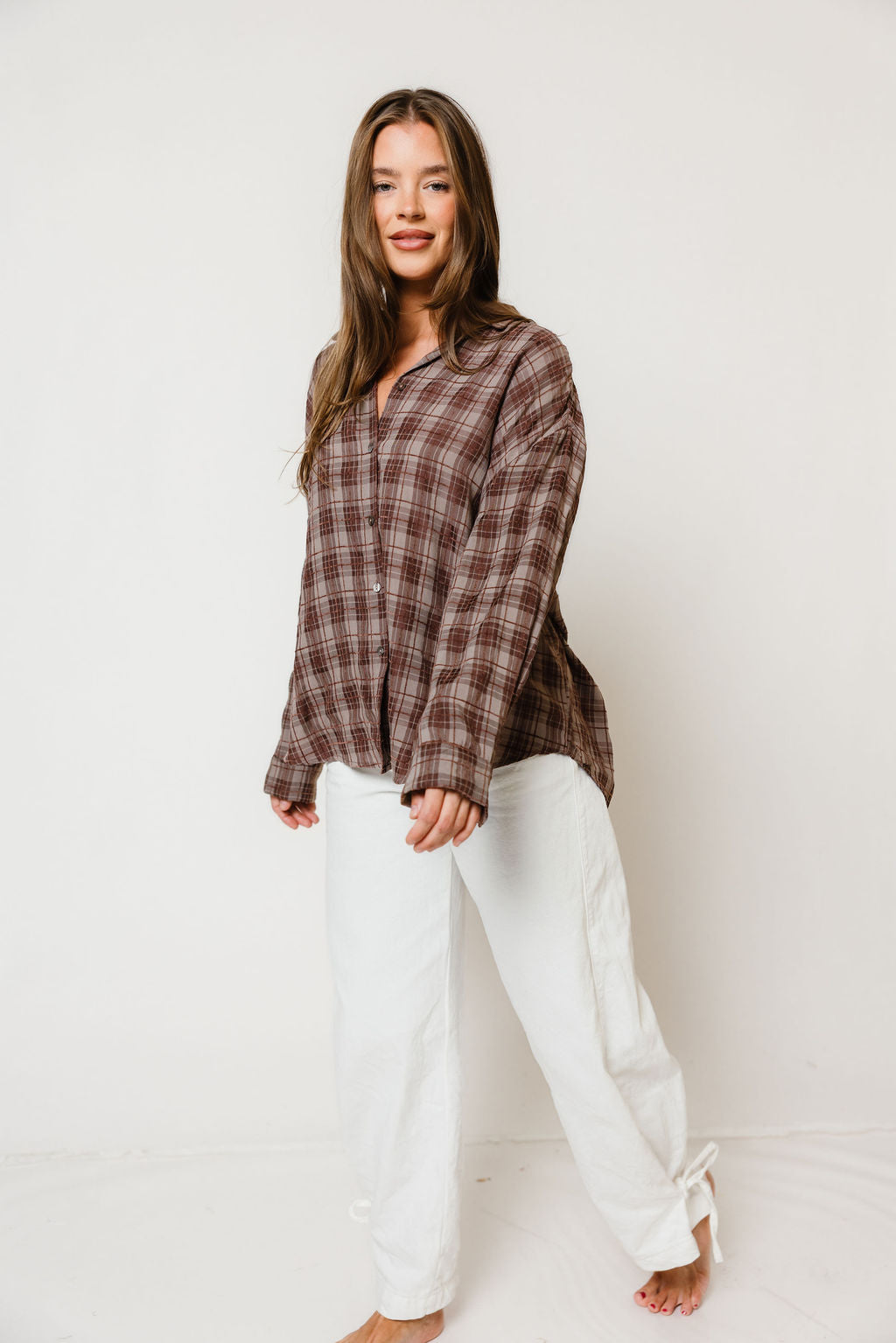 Cathy Oversized Plaid Shirt in Brown, another angle