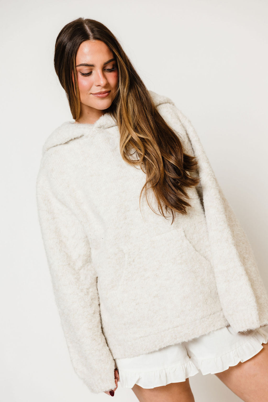 Tilly Oversized Chunky Hooded Sweater in Oatmeal, side view