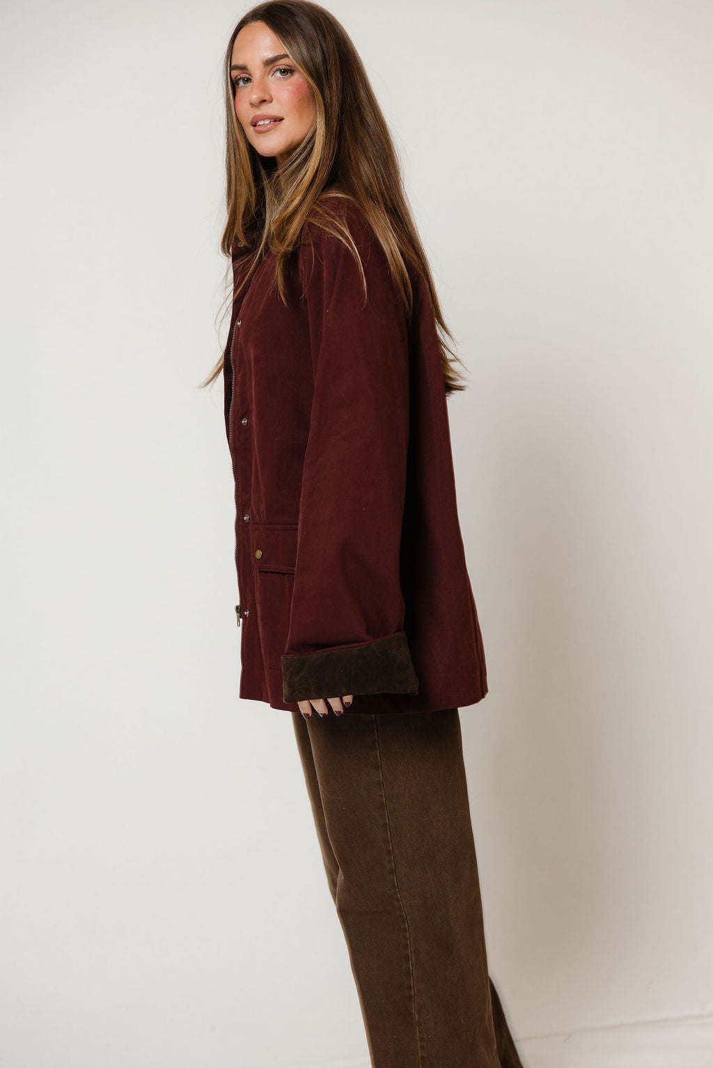 Montana Barn Coat in Maroon, full length