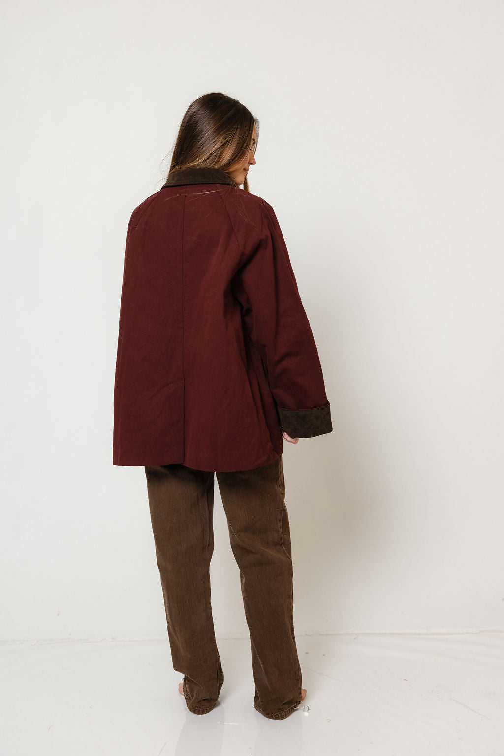 Montana Barn Coat in Maroon, styled view