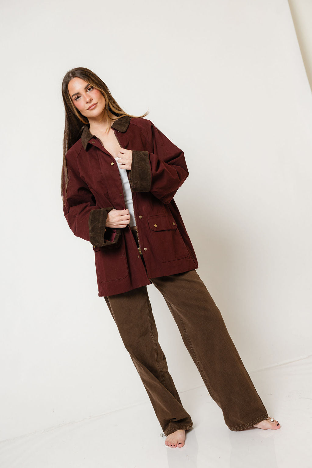 Montana Barn Coat in Maroon, another angle