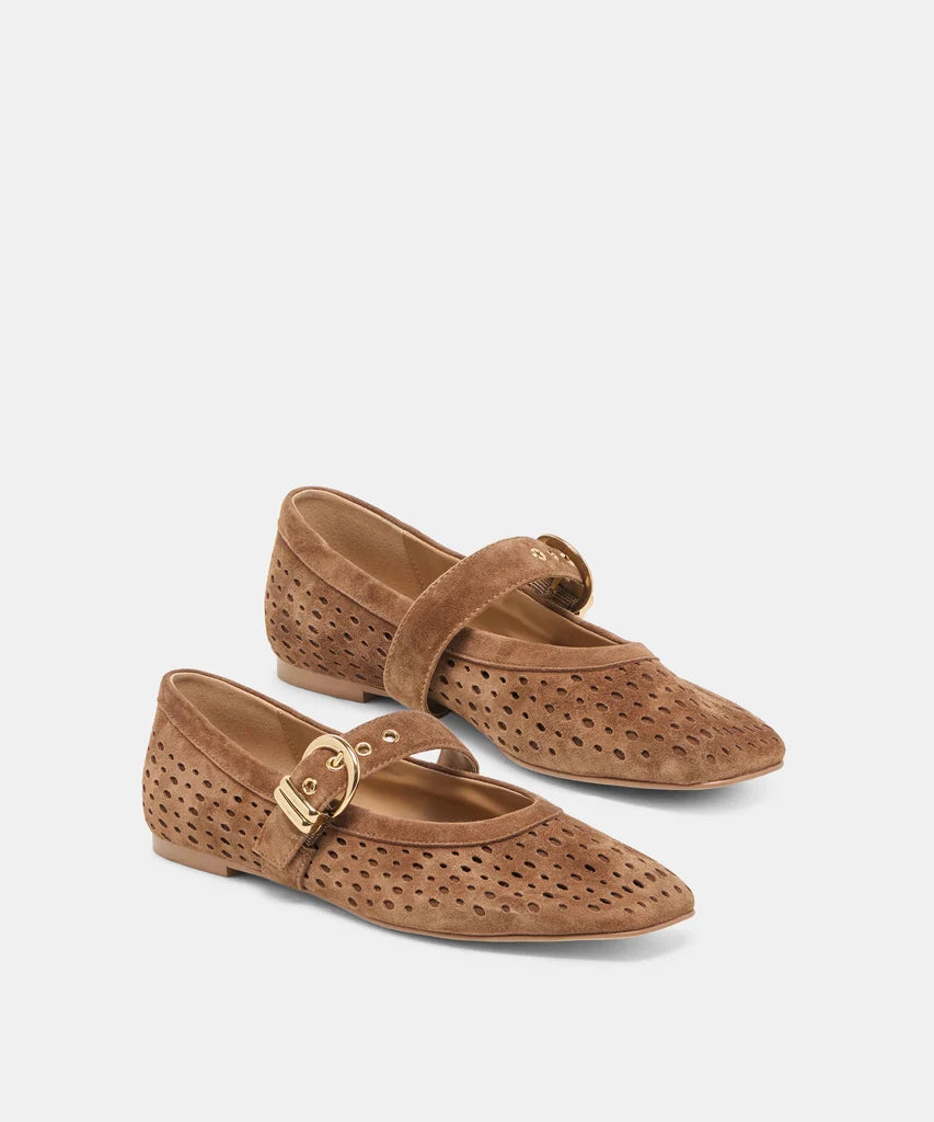 Pair of the Mikel ballet flats in cocoa brown perforated suede with a buckled strap across the top of the foot