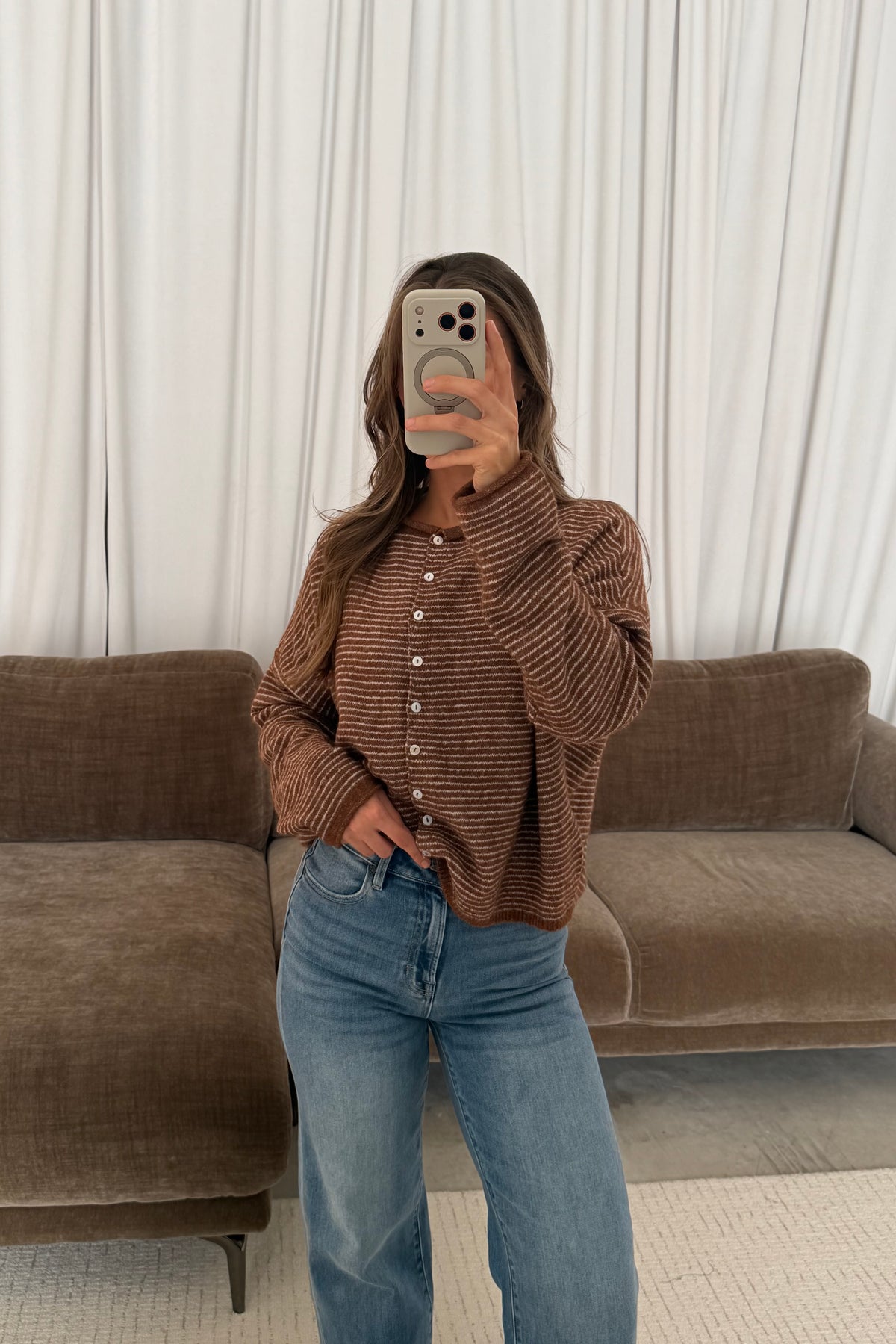 Piper Pin Striped Cardigan in Brown, another angle