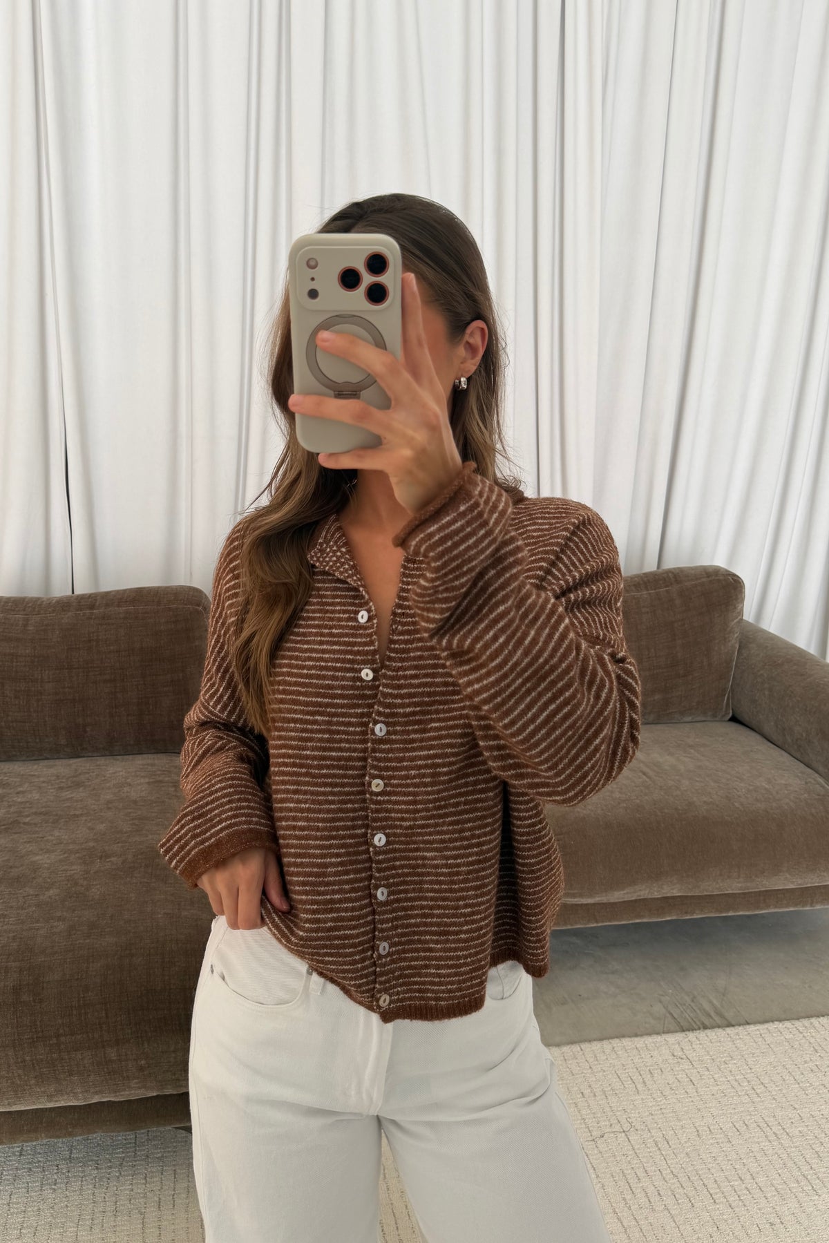 Piper Pin Striped Cardigan in Brown, close view