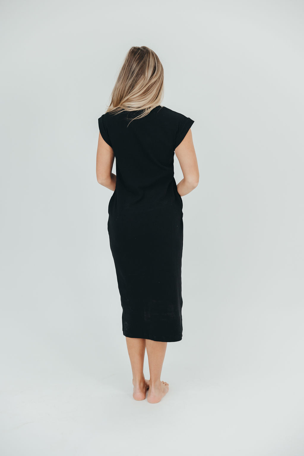 Adeline Mini Ribbed Knit Midi Dress in Black