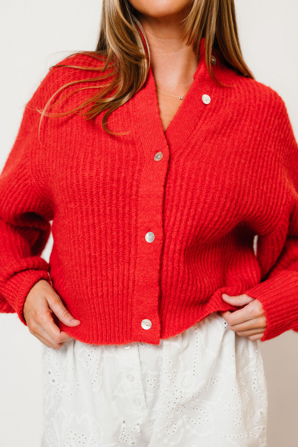 Mila Balloon Sleeve Cardigan in Red, back view