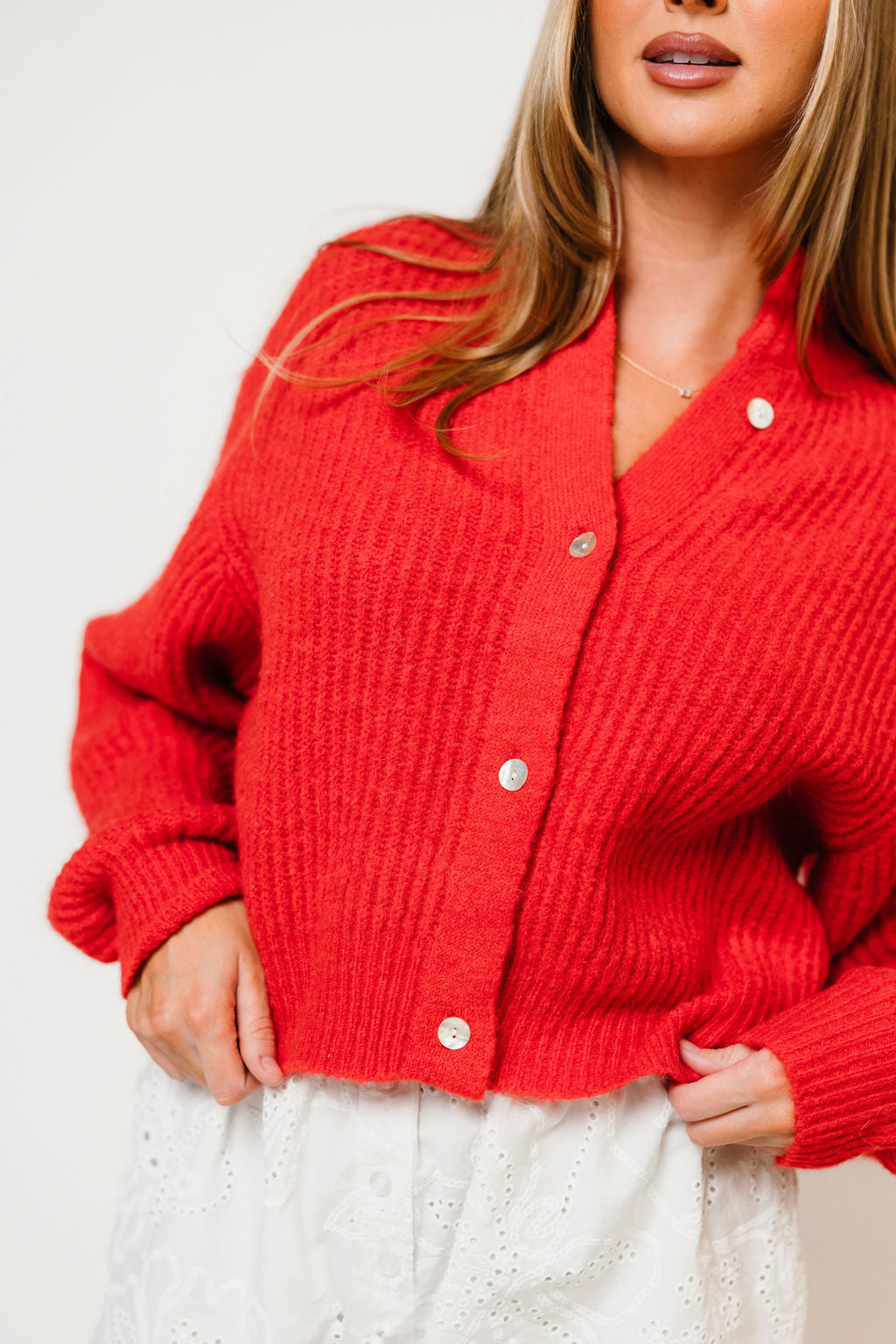 Mila Balloon Sleeve Cardigan in Red, another angle