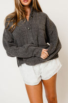 Winslow Funnel Neck Crop Cardigan in Warm Grey, back view