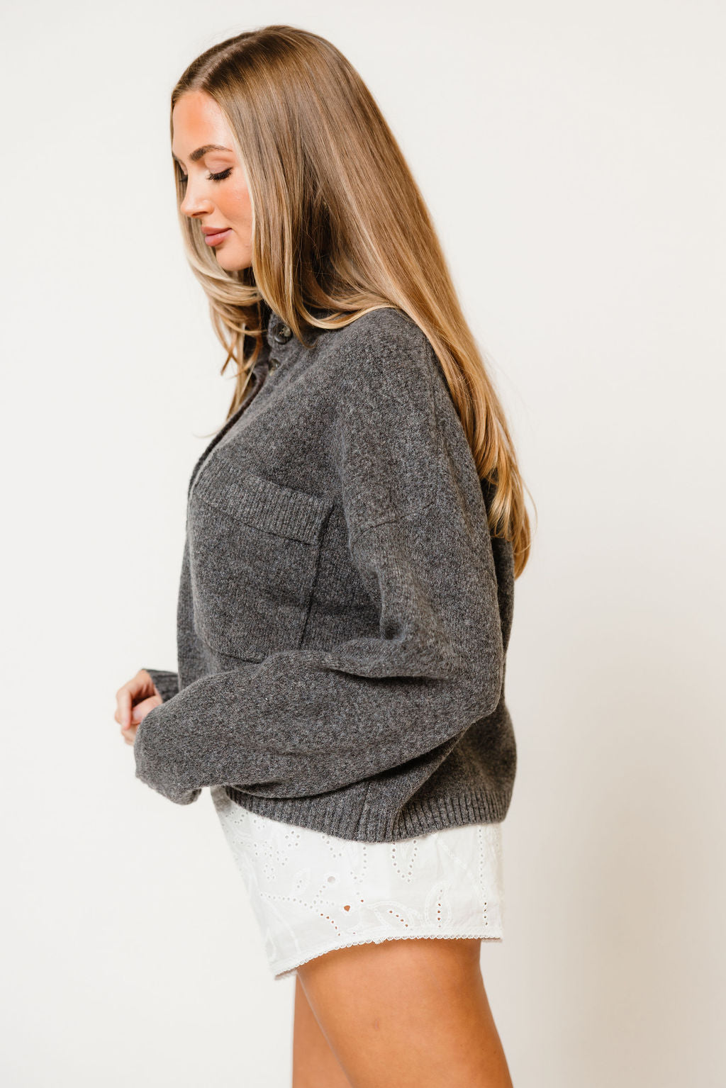 Winslow Funnel Neck Crop Cardigan in Warm Grey, full length