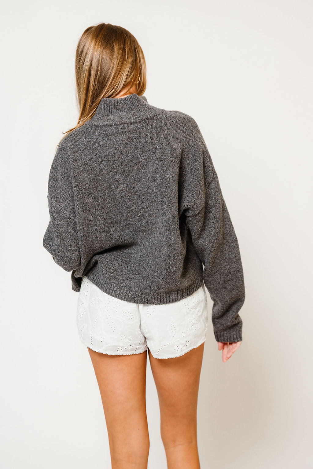 Winslow Funnel Neck Crop Cardigan in Warm Grey, studio view