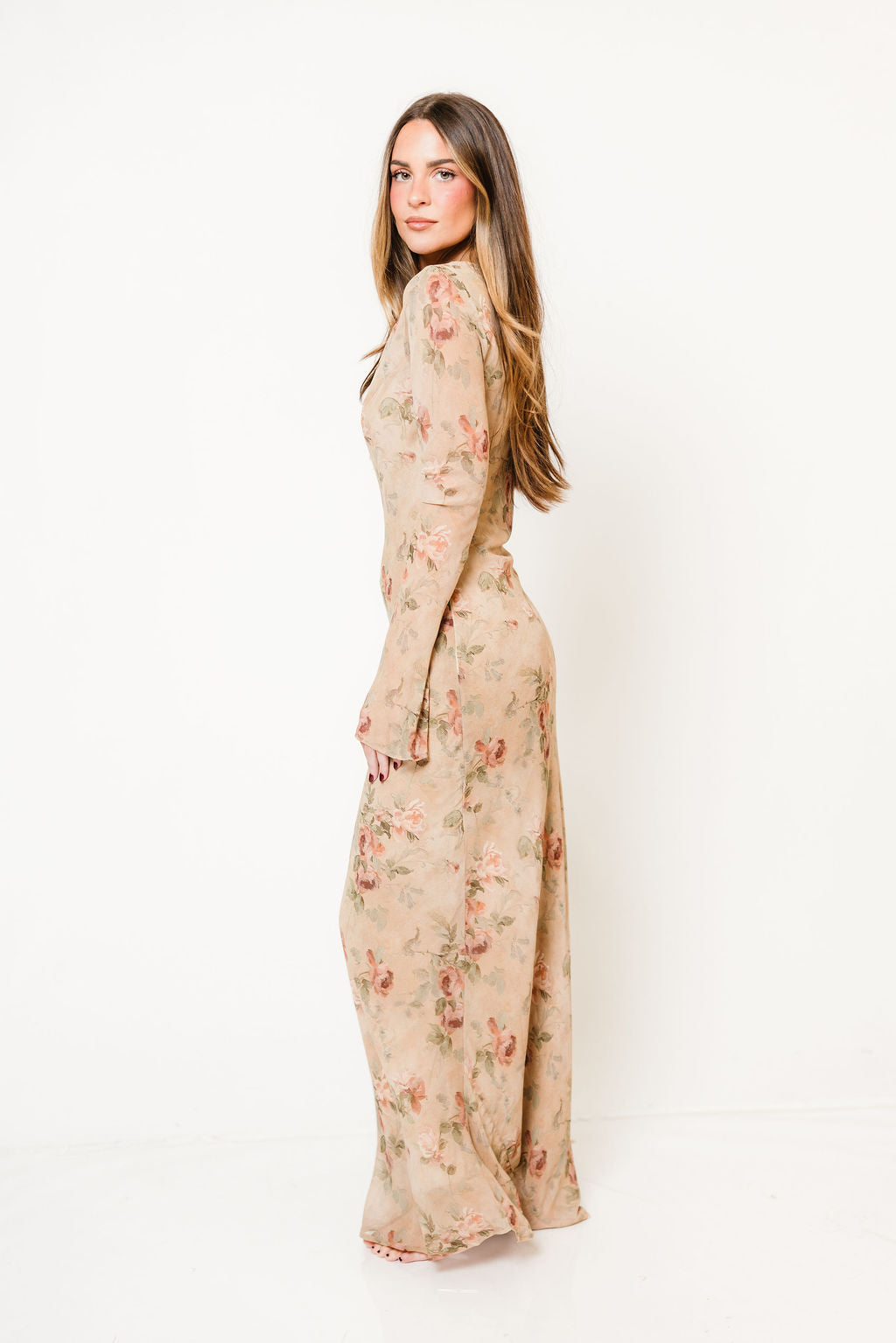 Georgie Maxi Dress in Tan Floral, another angle