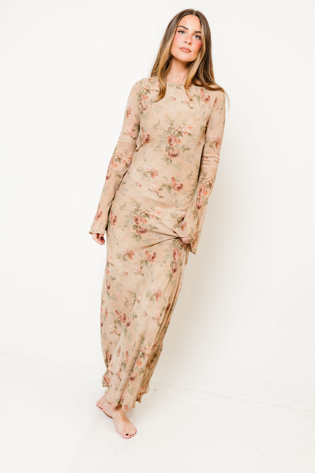 Georgie Maxi Dress in Tan Floral, side view