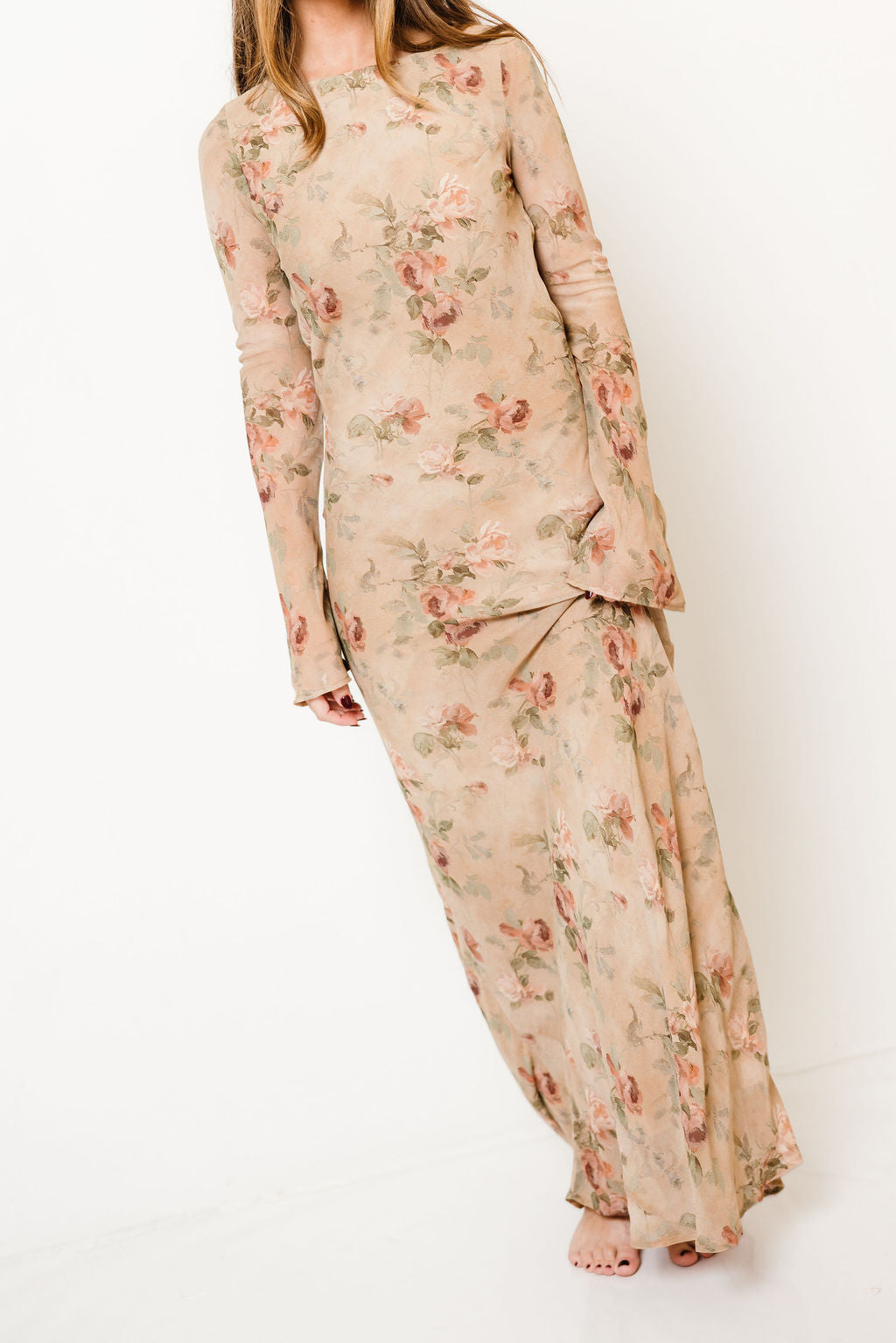 Georgie Maxi Dress in Tan Floral, back view
