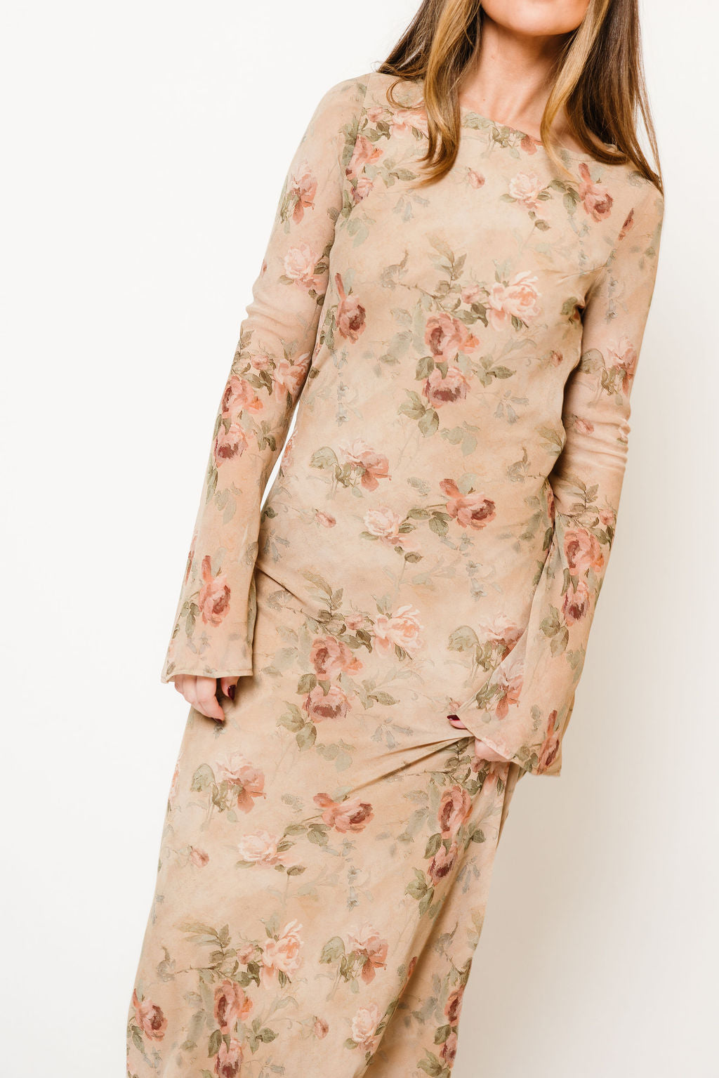Georgie Maxi Dress in Tan Floral, close view