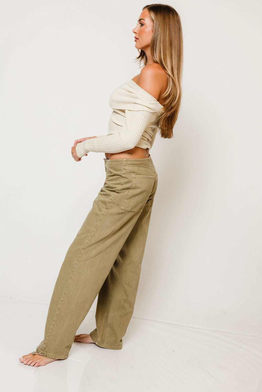 Twyla Ribbed Knit Off-Shoulder Sweater in Cream, side view
