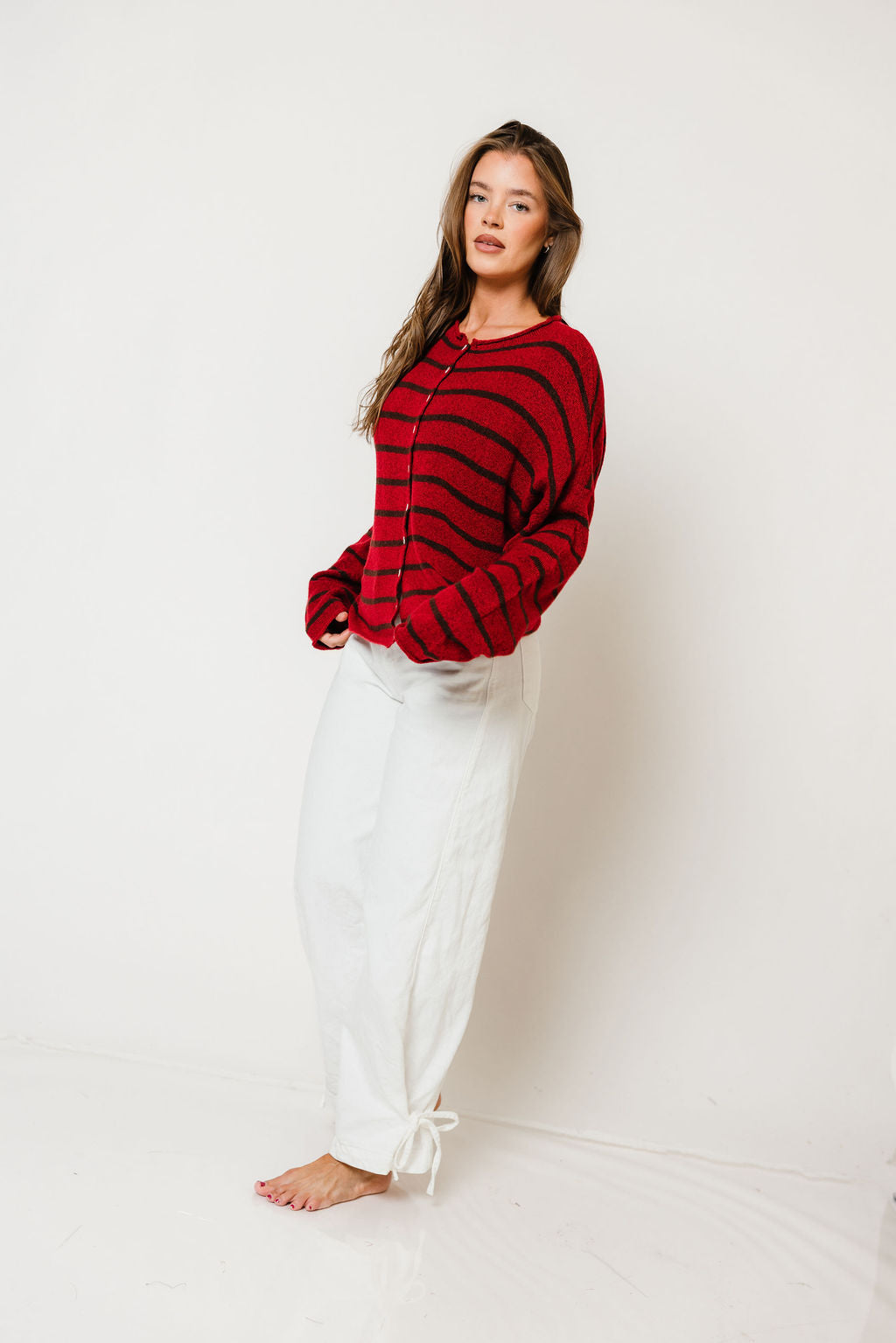 Piper Cabana Striped Cardigan in Red/Brown, another angle