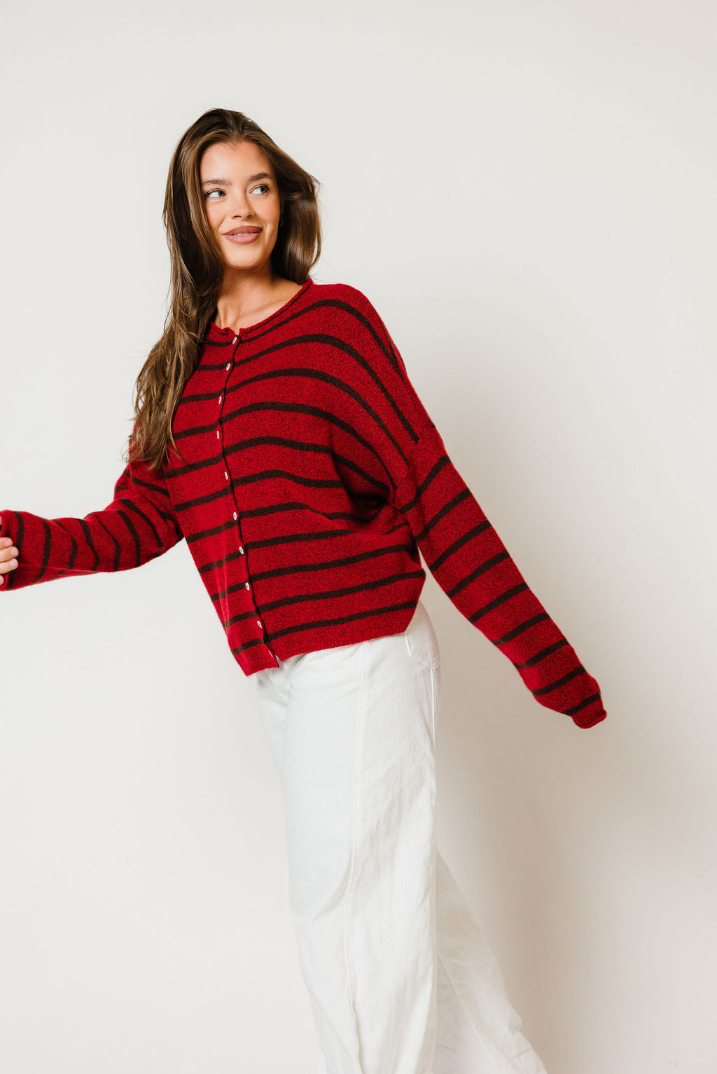 Piper Cabana Striped Cardigan in Red/Brown, side view