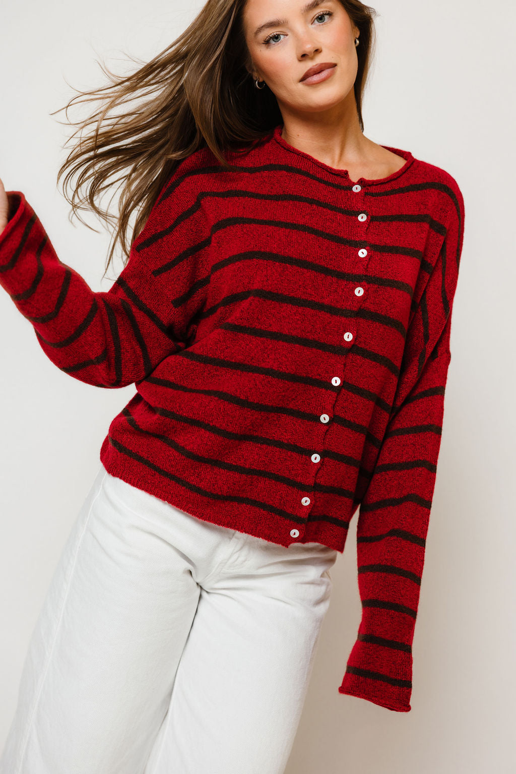 Piper Cabana Striped Cardigan in Red/Brown, studio view