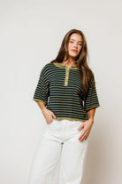 Jagger Striped Short Sleeve Sweater in Navy/Matcha, full length