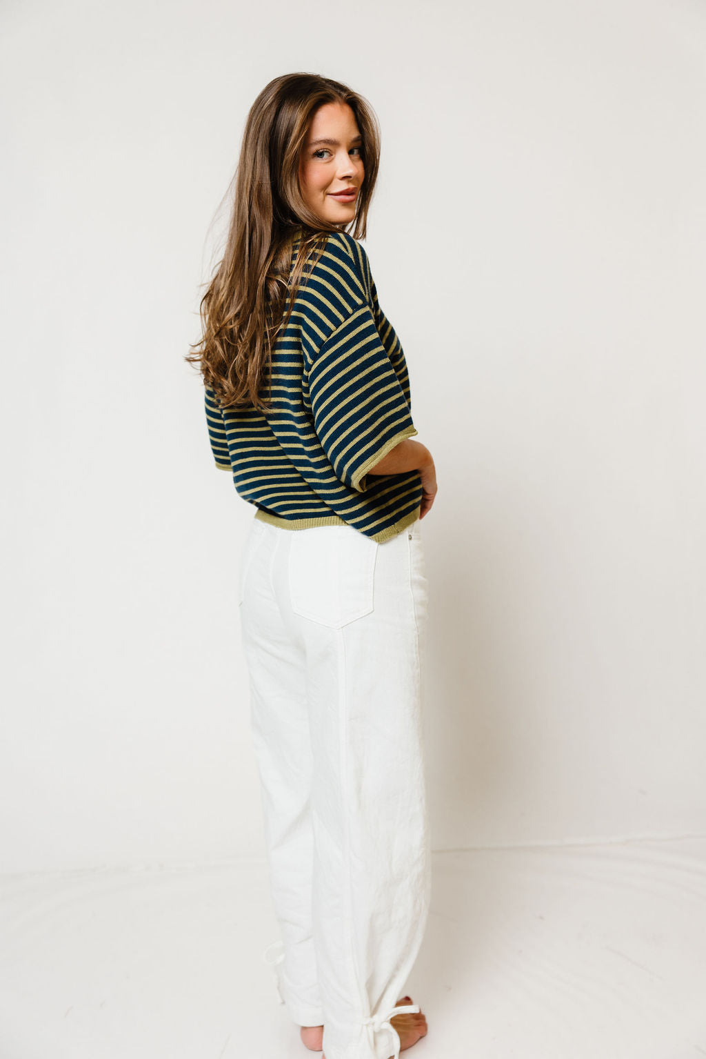 Jagger Striped Short Sleeve Sweater in Navy/Matcha, another angle