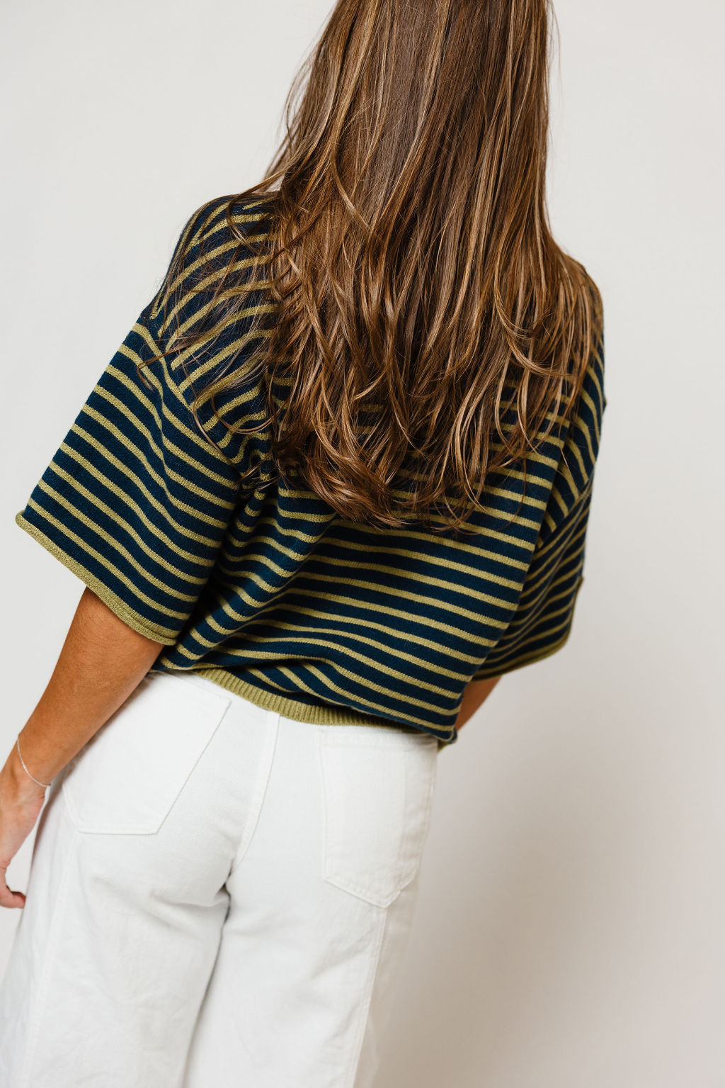 Jagger Striped Short Sleeve Sweater in Navy/Matcha, side view