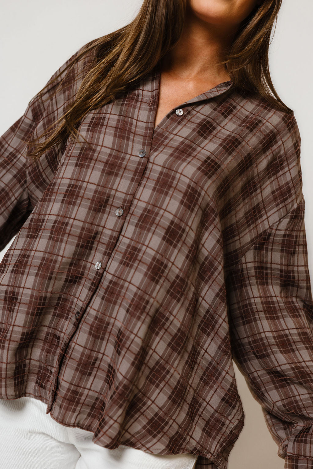Cathy Oversized Plaid Shirt in Brown, close view