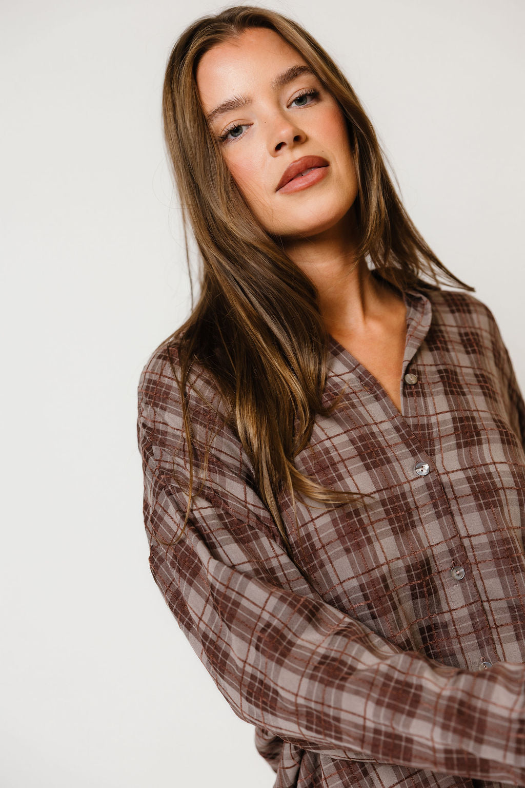 Cathy Oversized Plaid Shirt in Brown, studio view