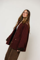 Montana Barn Coat in Maroon, close view