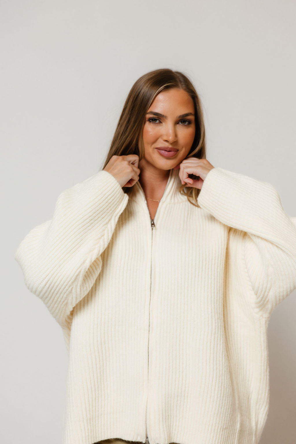 Kanna Mock Neck Zip-Up Jacket in Cream, close view