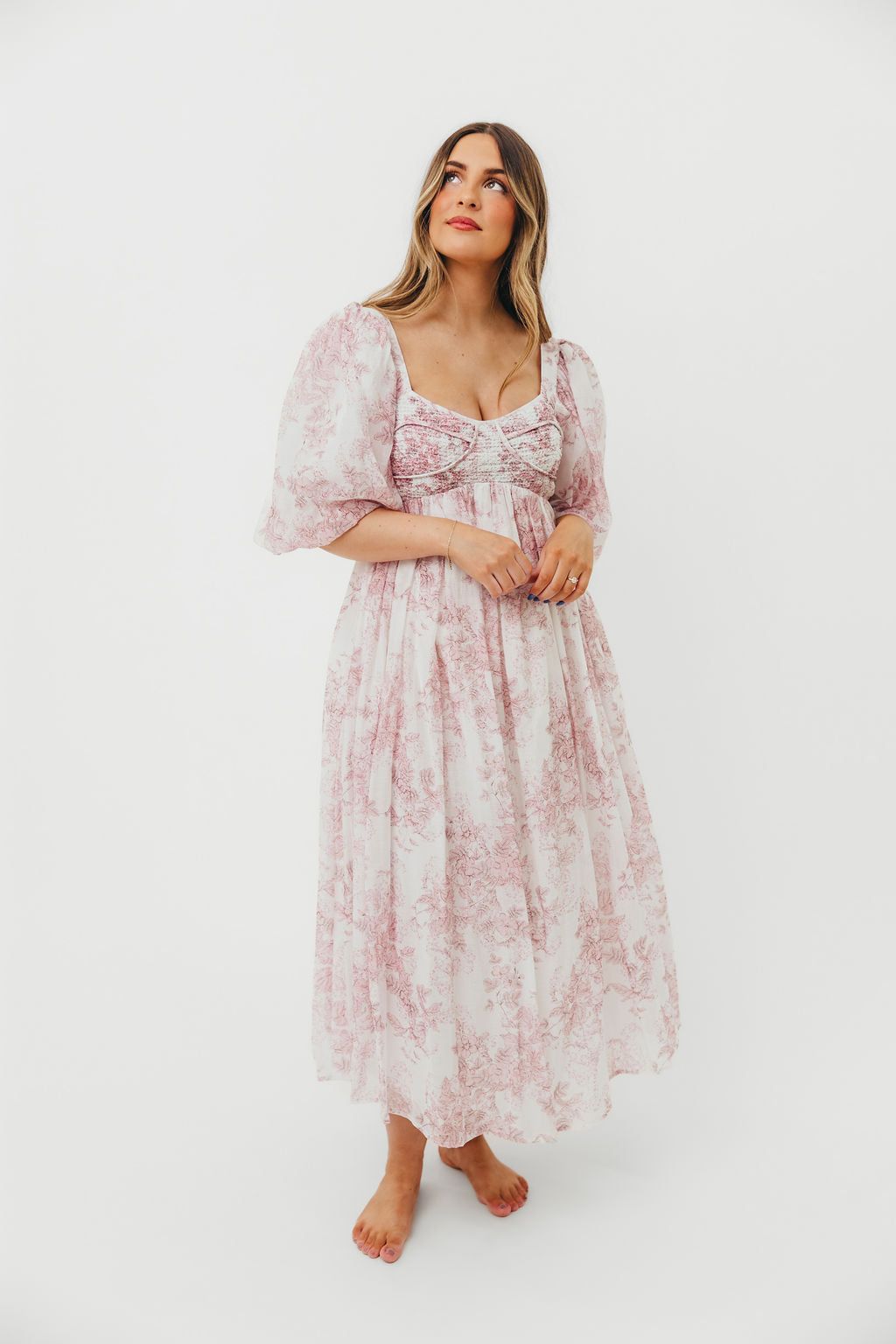 Harlow Midi Dress in Light Pink Floral - Bump Friendly & Inclusive Sizing (S-3XL)