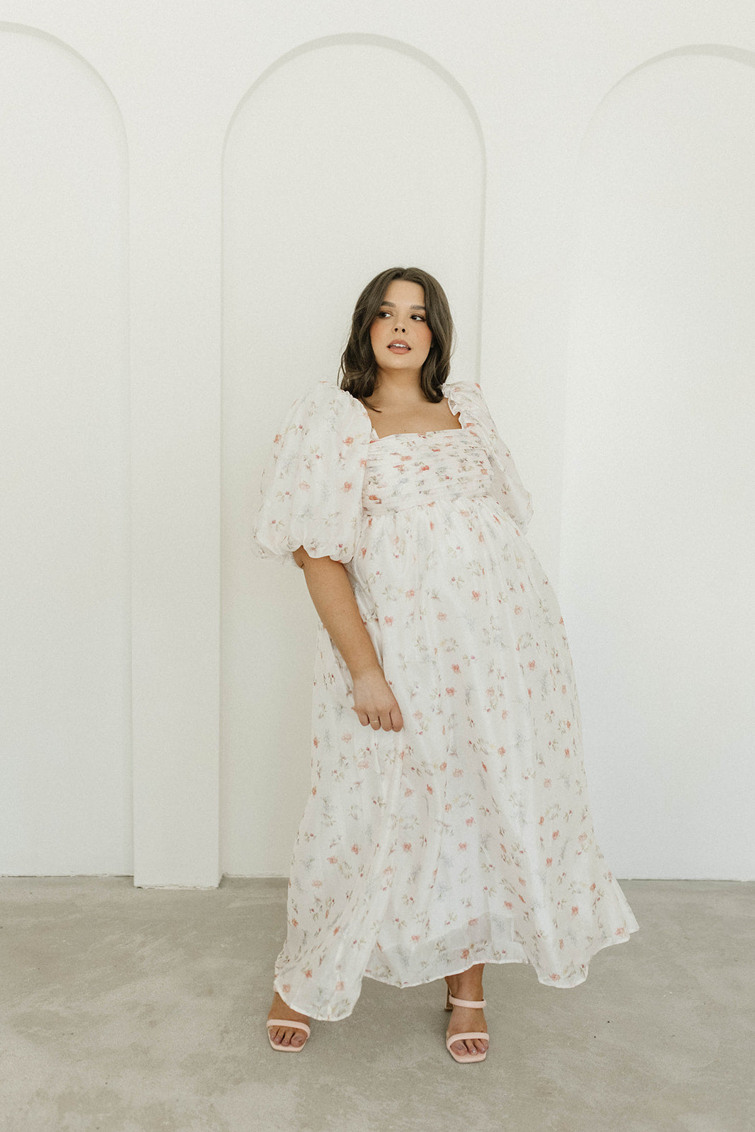 Melody Maxi Dress with Pleats and Bow Detail in Pink Rose Floral - Bump Friendly & Inclusive Sizing (S-3XL)