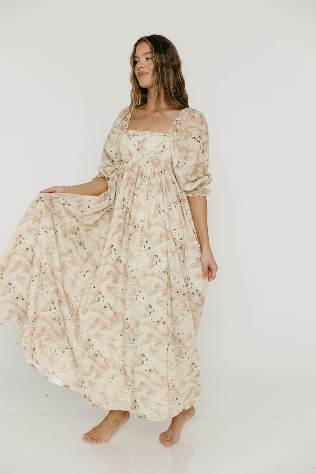 Mona Maxi Dress in Peach & Cream Floral - Bump Friendly (Bust Runs a Bit Small / No Smocking)