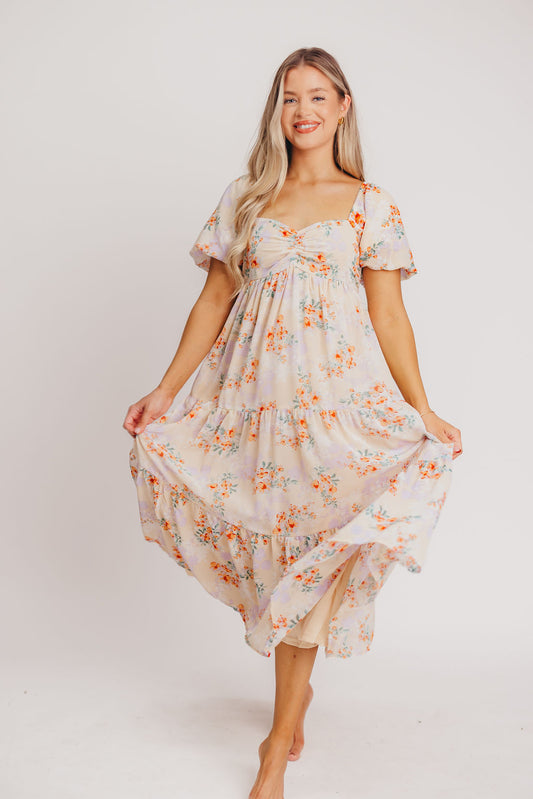 Tina Empire Waist Midi Dress with Flutter Sleeves in Cream Floral - Bump Friendly