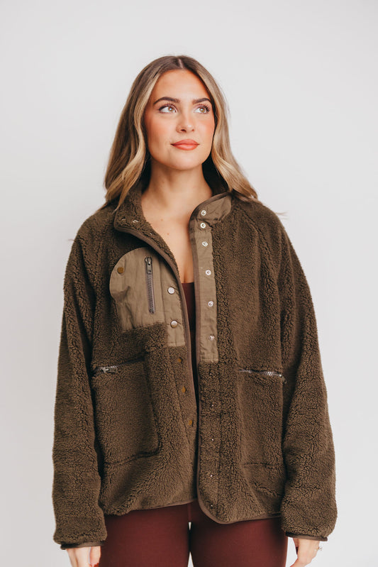 Dolly Oversized Sherpa Jacket with Snap Buttons in Dark Olive