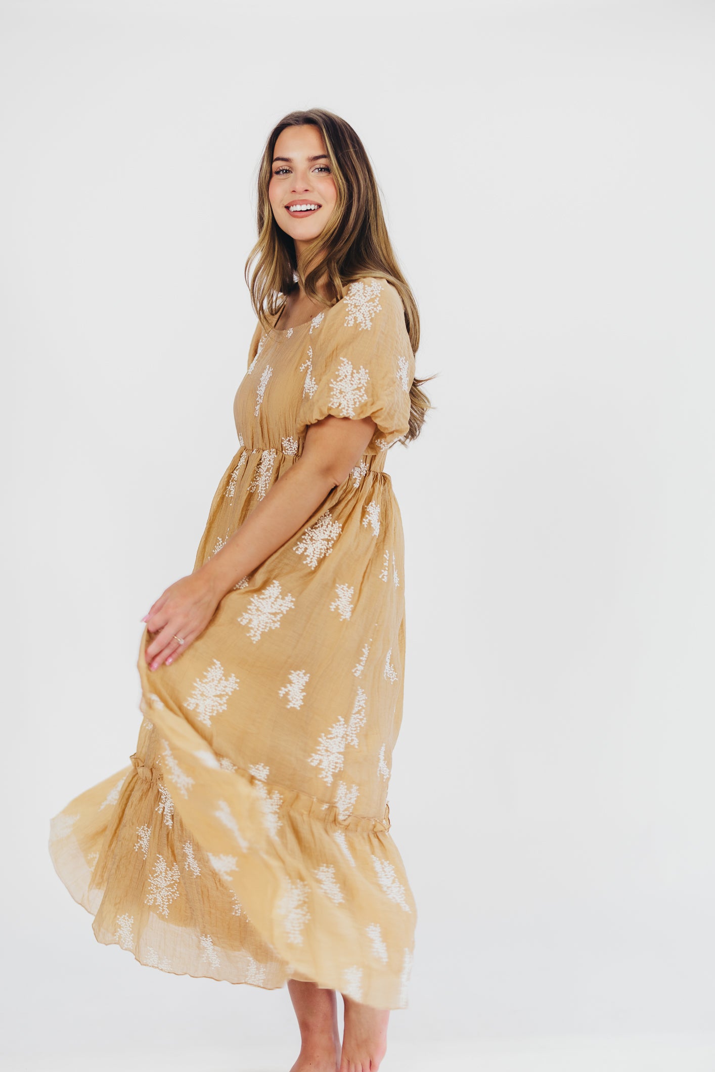 Hallie Embroidered Maxi Dress in Camel - Bump Friendly & Inclusive Sizing (S-3XL)