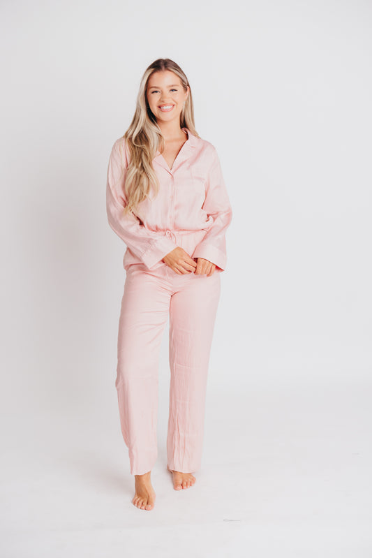 June Satin Button-Up and Drawstring Pant Set in Pink