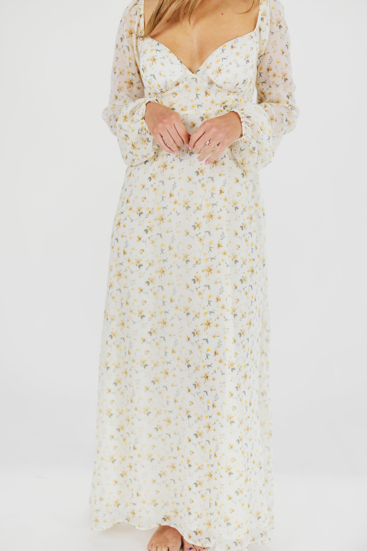 Parker Smocked Maxi Dress with Puffed Sleeves in Ivory/Yellow - Bump Friendly & Inclusive Sizing (S-3XL)