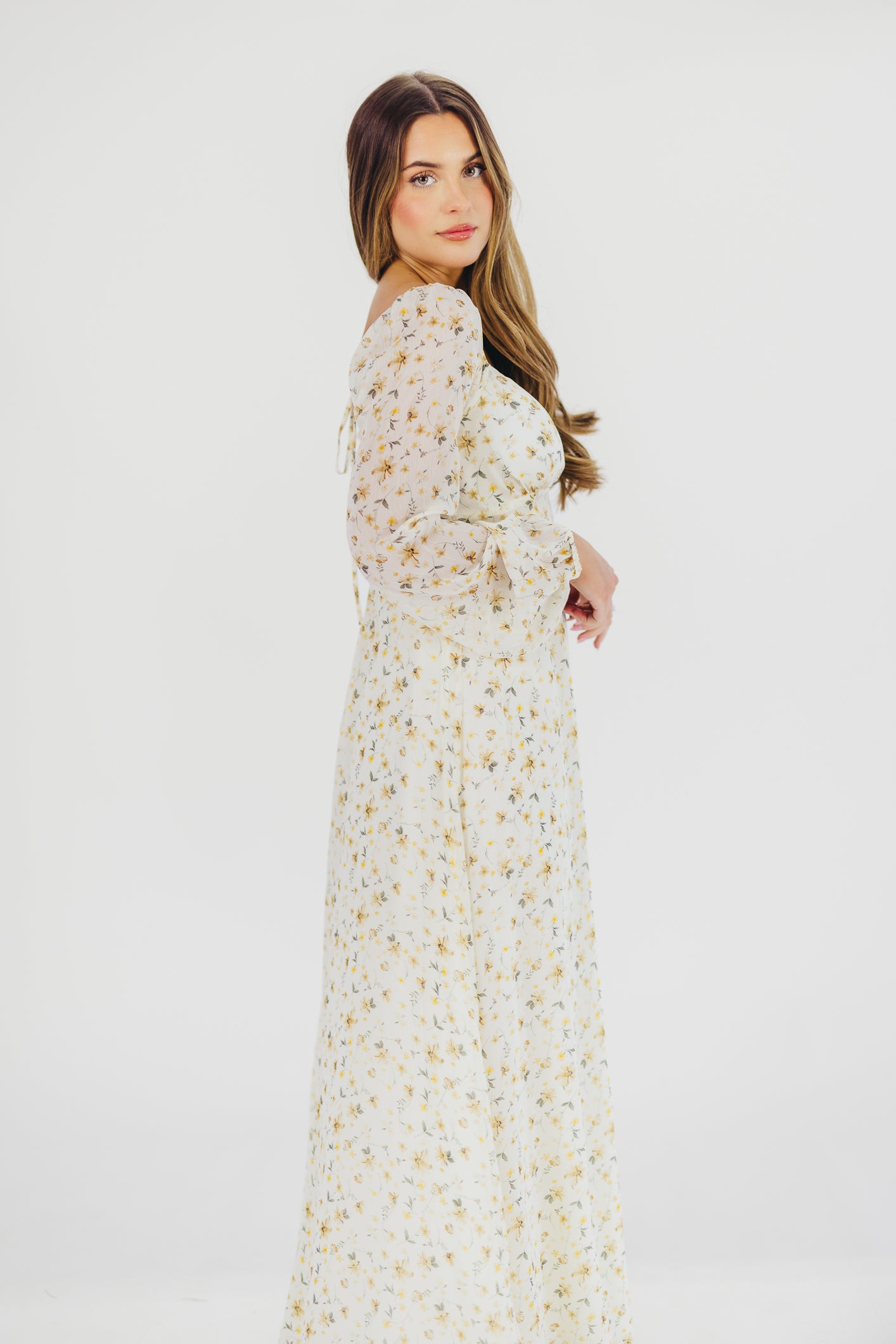 Parker Smocked Maxi Dress with Puffed Sleeves in Ivory/Yellow - Bump Friendly & Inclusive Sizing (S-3XL)