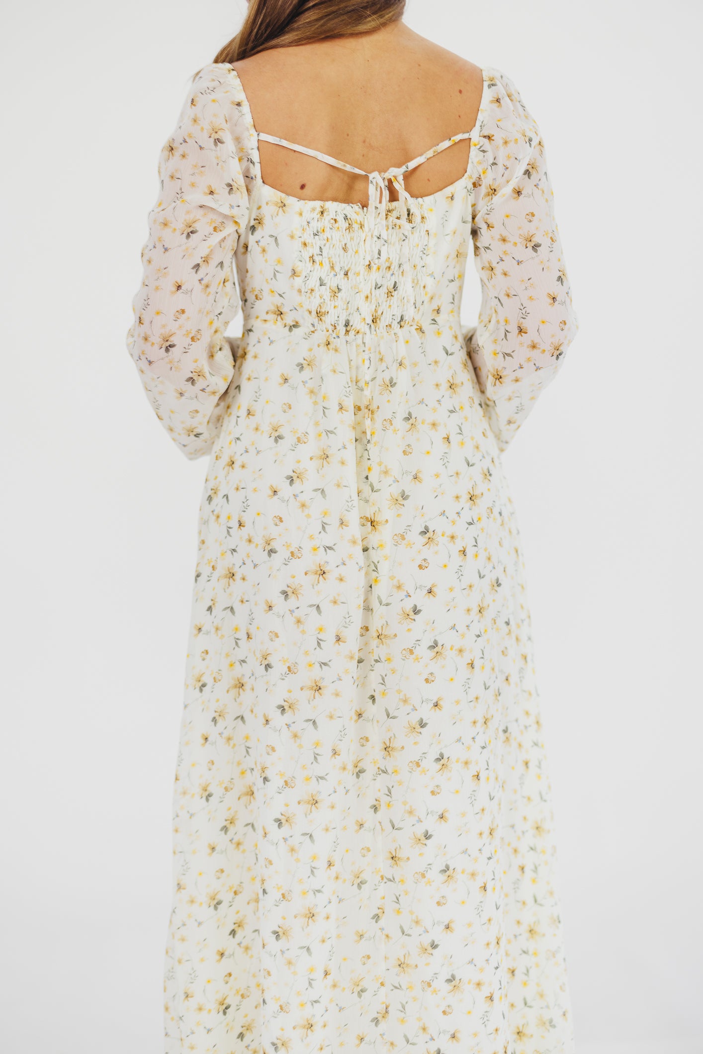 Parker Smocked Maxi Dress with Puffed Sleeves in Ivory/Yellow - Bump Friendly & Inclusive Sizing (S-3XL)