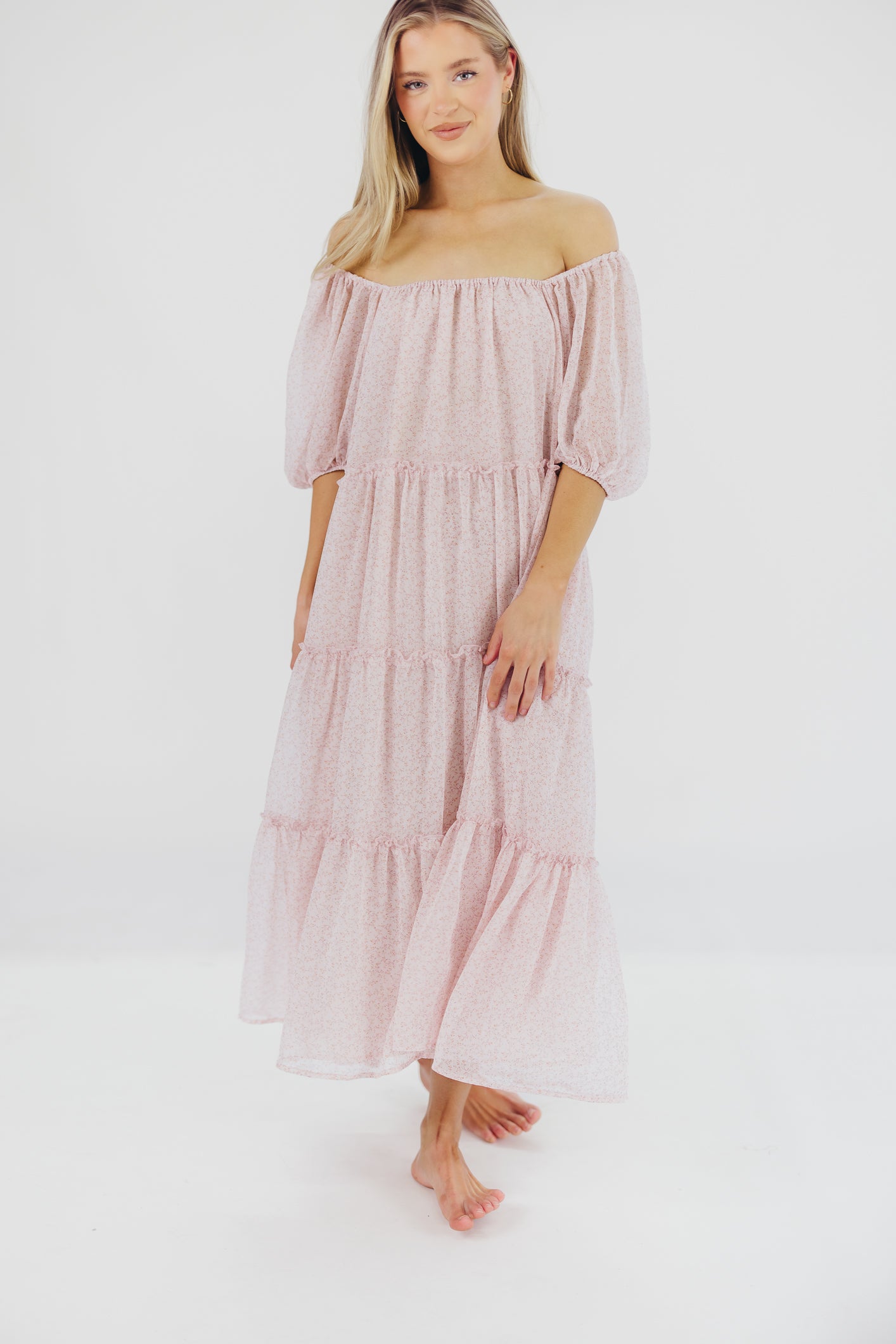 Eva Puffed Sleeve Maxi Dress in Light Pink Multi - Bump Friendly & Inclusive Sizing (S-3XL)